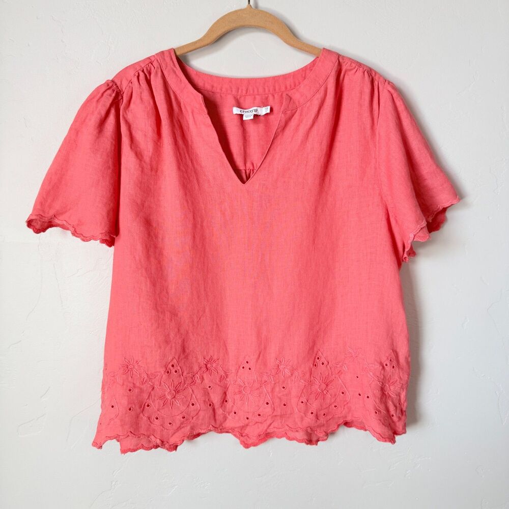 Chico's Coral Pink 100% Linen Eyelet Embroidered V-Neck Blouse Top Size 0.5 US 6